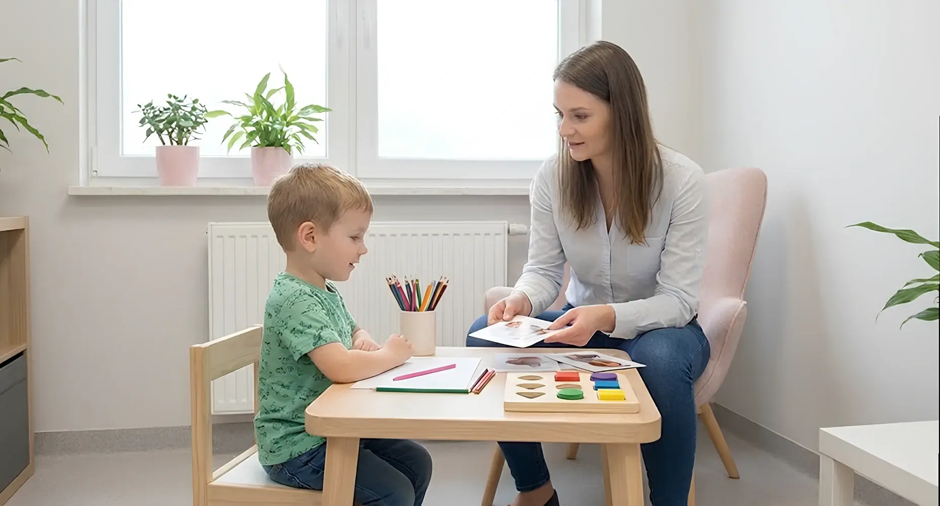 Dziecko bawiące się z kobietą przy stoliku z zabawkami - neurologopeda Kraków
